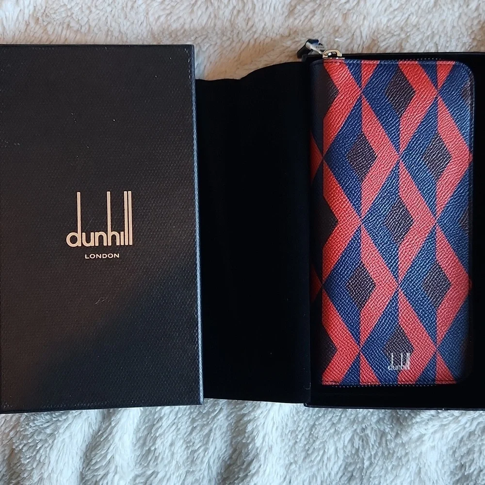 Dunhill Cadogan Zip Coat Wallet – Red & Navy Geometric Print